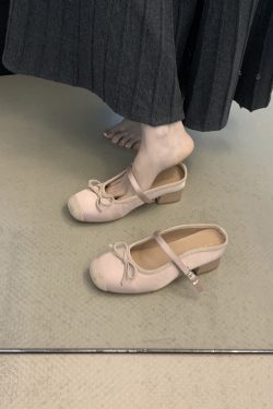 French Pink Bow Tie Open-Toe Half Slippers Women's Mary Jane Flats - Fairy Style Fashion Footwear