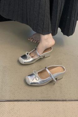 French Pink Bow Tie Open-Toe Half Slippers Women's Mary Jane Flats - Fairy Style Fashion Footwear