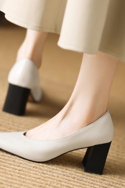 French Retro Chunky Heel V-Cut Sheepskin High-Heeled Shoes - Spring Autumn Square-Toe Grandma & Witch Style Footwear