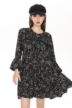 French Style Black Long Sleeve Floral Dress for Women - Petite A-Line Spring & Autumn Fashion