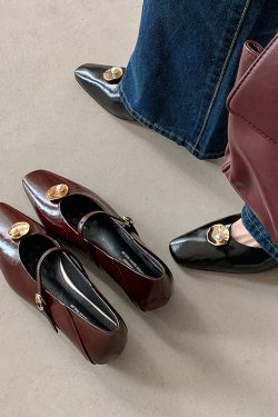 French-Style Gold Buckle Square-Toe One-Strap Mary Jane Shoes - Versatile Genuine Leather Flats for Women