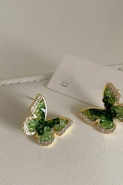 French-Style Green Crystal Butterfly Stud Earrings for Women, Unique Design with Diamond Zirconia Embellishment, Versatile Jewelry