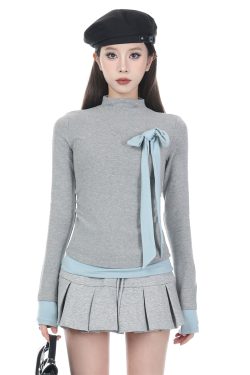 French-Style High-Neck Long Sleeve T-Shirt for Women - Slim Fit Faux Two-Piece Base Layer Top, 2025 Fashion Trend