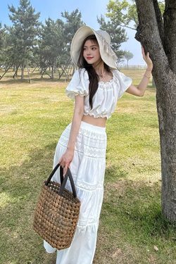 French Style Off-the-Shoulder Two-Piece Set for Women, Hollow Out Design, High-Waisted Skirt, Summer Vacation Fashion