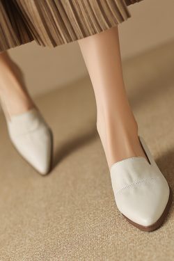 French-Style Pointed Toe Chunky Heel Slip-On Shoes for Women, Retro Mid-Heel Leather Grandma Shoes, Sizes 40-41