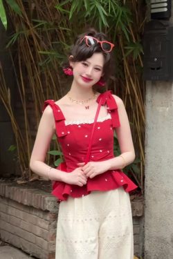 French-Style Ruffled Polka Dot Puff Sleeve Shirt for Women, Summer Waist-Cinching Slim Fit Red Top, Trendy Y2K Fashion