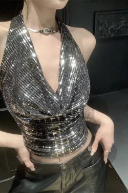 French-Style Sexy Sequined Halter Crop Top for Women, Backless Design for Trendy Street Style, Perfect for Night Out and Parties