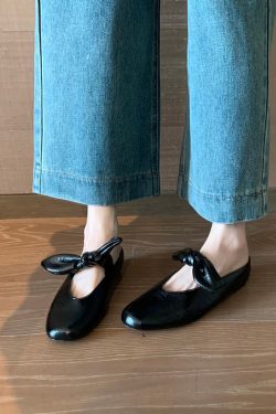 French Style Sheepskin Black Square Toe Bowknot One-Strap Height-Increasing Mule Shoes for Outdoor Wear