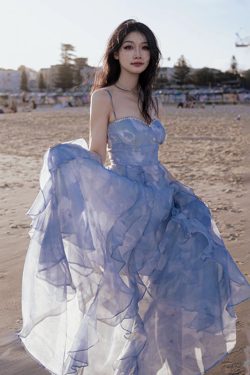 French-Style Spaghetti Strap Dress for Women, Ruffled Beach Vacation Maxi Skirt, Sunset Fairy Aesthetic