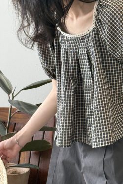 French-Style Square Neck Lace Patchwork Checkered Short Sleeve Shirt for Women - Loose Fit Summer 2025 Top, Perfect for Belly Coverage