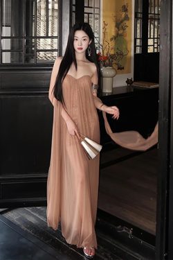 French-Style Strapless Tulle Dress with Flowing Ribbons – Backless Summer Beach Vacation Maxi Dress for Women