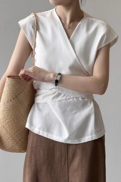 French-Style Tencel Linen V-Neck Shirt for Women - Summer 2025 Tie Waist Blouse with Slimming Flutter Sleeves