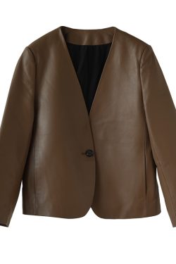 French Style V-Neck Leather Jacket - Australian Imported Lambskin One-Button Coat for Effortless Chic Fashion