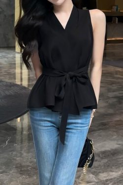 French-Style V-Neck Tie-Back Vest Shirt for Women - 2025 Summer High-End Sleeveless Top in Chic Fashion