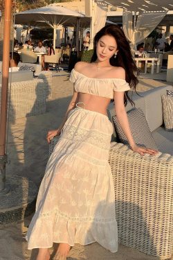 French-Style Vacation White Embroidered One-Shoulder Bikini with Split Long Skirt - Sexy Slim Three-Piece Beach Swimsuit Set