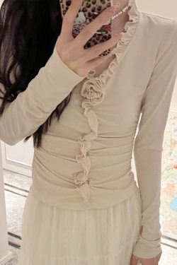 French V-Neck Long Sleeve Shirt for Women - Camellia Fragrance Print, Designed Fit, Versatile Spring Top, Y2K Style