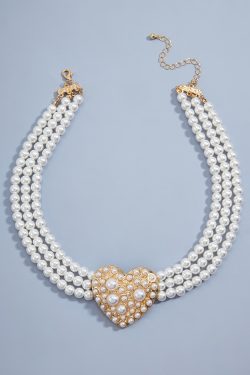 French Vintage Artificial Pearl Heart Necklace - Light Luxury Three-Row Layered Court-Style Jewelry for Women