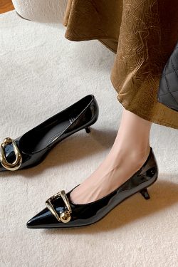 French Vintage High Heels for Women - Elegant Pointed Toe Patent Leather Stiletto with Metal Buckle, Versatile Spring Autumn Style