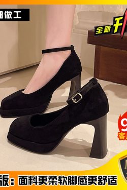 French Vintage Mary Jane Shoes for Women - 2025 Spring Suede High Heels with Square Toe and Chunky Heel - Elegant Versatile Flats