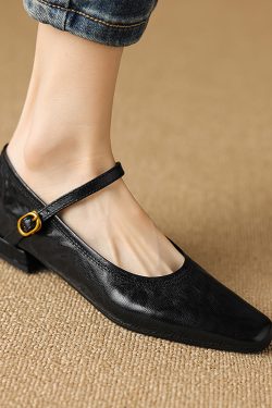 French Vintage One-Strap Mary Jane Shoes for Women, Genuine Leather, Chunky Heel, Minimalist Versatile High Heels, Size 41