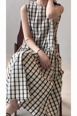 French Vintage Plaid Loose Big Swing Dress for Women, Elegant Long Tank Dress, 2025 Summer Fashion