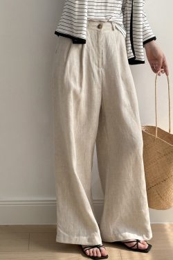 French Vintage Pure Linen Wide-Leg Pants for Women - Loose Casual Floor-Length Trousers for Summer 2025, Boho Chic Style