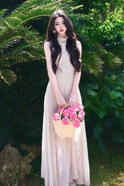 French Vintage Striped Dress for Women, Summer Waist-Cinching Slimming Long Dress for Travel, Vacation, Y2K Style
