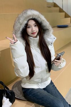 Fur Collar Hooded Thickened Cotton Jacket with Fur Lining for Autumn Winter - Stylish Warm Coat