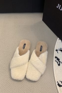 Fuzzy Winter Baotou Slippers for Women, Low-Heel Gentle Fairy Style Half Slippers with Cozy Fleece Lining, Perfect for Indoor Comfort