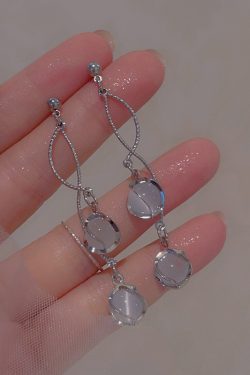 Galaxy Girl Long Tassel Earrings with Spiral Cat's Eye Stone and Round Ball Ear Clips - Elegant No Ear Hole Design