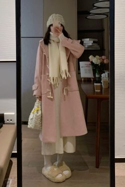 Gentle Pink Mid-Length Toggle Woolen Coat with Hood - Vintage Sweet Style for Women, Perfect for Spring and Autumn Fashion