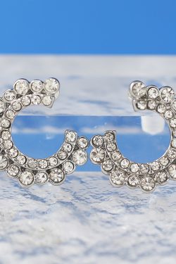 Geometric Round C-Shaped Earrings with Pearl Inlay and Diamond Accents, European American Style, Fashionable and Versatile Design