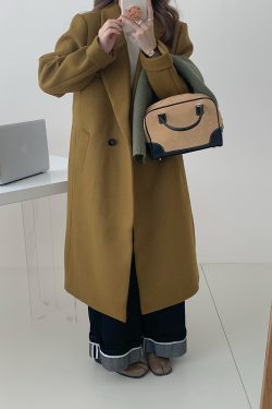 Ginger Yellow Woolen Mid-Length Coat for Women, Vintage Suit Collar, Thick Winter Overcoat, High-End Fashion