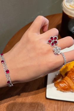 Glamorous Ruby Floral Open Ring for Women, High-End Luxury Feel with Sparkling Zircon and Diamonds, Exaggerated Design