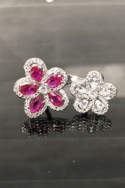 Glamorous Ruby Floral Open Ring for Women, High-End Luxury Feel with Sparkling Zircon and Diamonds, Exaggerated Design