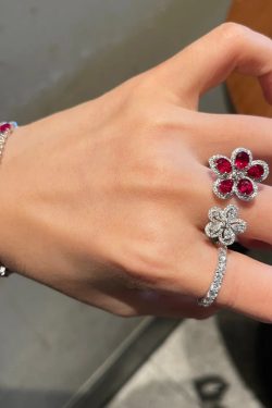 Glamorous Ruby Floral Open Ring for Women, High-End Luxury Feel with Sparkling Zircon and Diamonds, Exaggerated Design