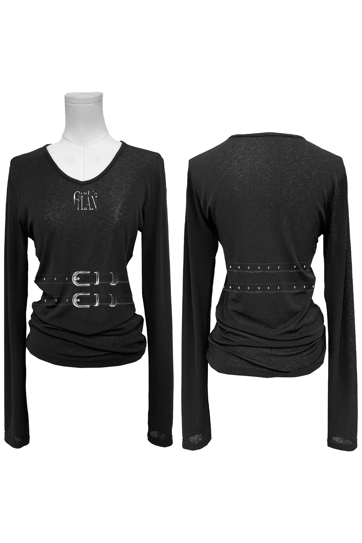God's Plan 25ss Dark Niche V-Neck Sheer Mesh Long Sleeve Top with Imitation Belt for Women - Trendy Y2K Style
