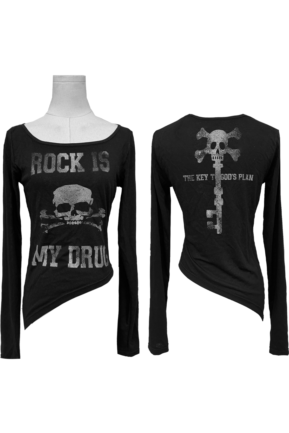 God's Plan Dark Skull U-Shaped Long Sleeve Cotton T-Shirt - Cool Feel, 90s Inspired, Streetwear Style