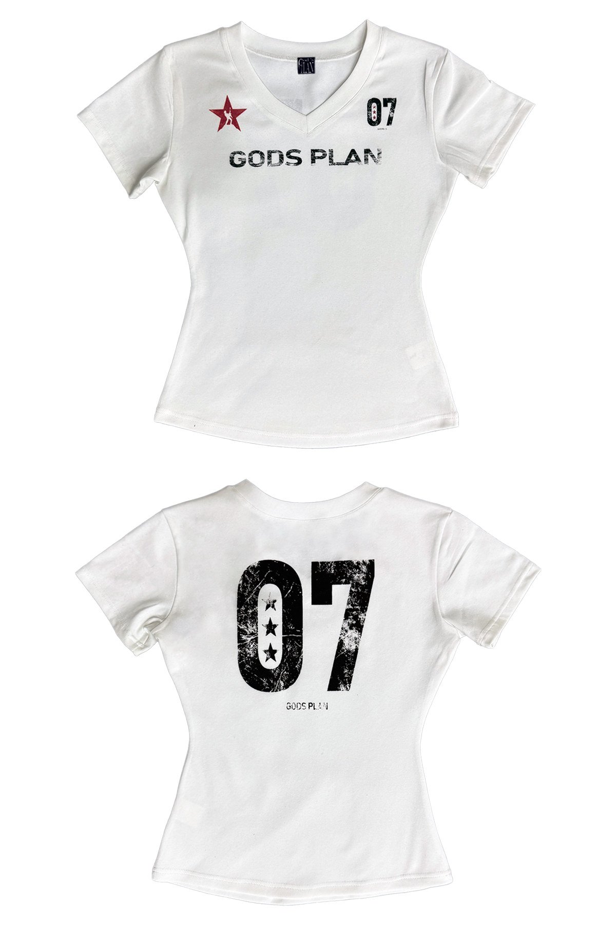God's Plan V-Neck Digital Print Slim Fit Short Sleeve T-Shirt for Women - Dark Niche Style, Waist-Defining, Trendy Look