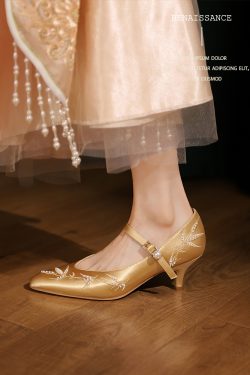 Gold Satin Xiuhe Wedding Shoes, Traditional Embroidered High Heels for Brides, Comfortable Qipao Footwear