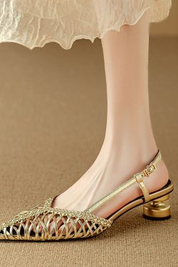 Gold Woven Genuine Leather Pointed Toe Chunky Heel Hollow-Out Sandals for Women - Summer French Roman Style Shoes