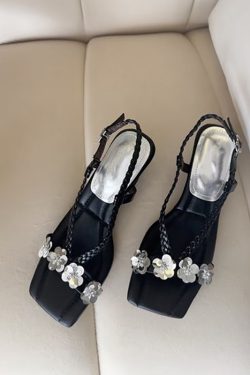 Gorgeous French-Style Sheepskin Sandals with Rhinestone Flower, Open-Toe Woven Back Strap, Wedge Roman Shoes for Summer Fashion