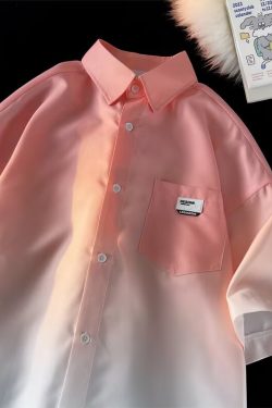 Gradient Pink and White Short Sleeve Shirt for Men - High-End Ice Silk Summer Couple Jacket with Five-Point Sleeves