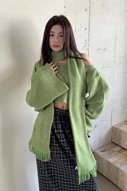 Grass Green Off-Shoulder Cropped Knitted Sweater with Embroidery and Casual Straight Skirt for Women - Y2K Fashion Style