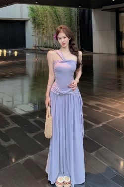Gray Asymmetrical One-Shoulder Strapless Dress - Waist-Defining Long Dress for Summer, Spicy Girl Style, Perfect for 90s and Y2K Fashion