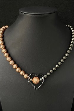 Gray Beaded Heart Necklace for Women - Y2K Minimalist Clavicle Chain with Simple Heart Pendant