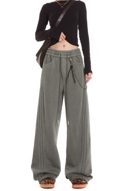 Gray Casual Sweatpants for Women, American Straight Leg with Three Stripes and Chain Detail, Loose Fit, Y2K Style