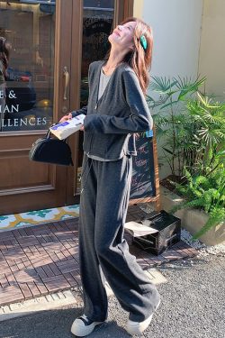 Gray Casual Two-Piece Set for Women, Spring 2025 Korean Style Faux Layered Top with Wide-Leg Pants, Effortless Y2K Fashion
