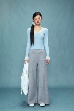 Gray High-Waisted Wide-Leg Pants for Women - Casual Autumn Winter 2025, Comfortable Sweatpants, Trendy Everyday Style