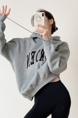 Gray Hooded Embroidered Sweatshirt for Women - Vintage American Style, Thick Plush, Loose Fit, Ideal for Autumn and Winter